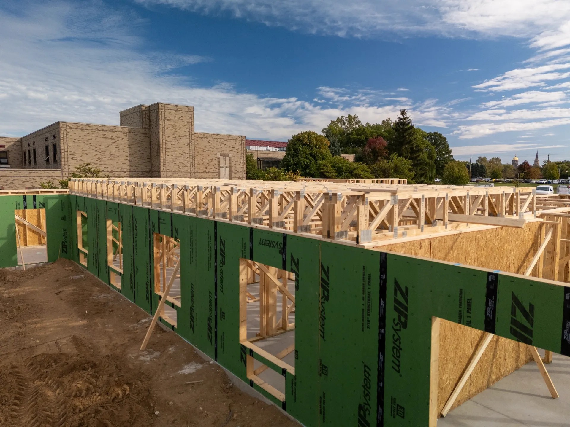 Exposed floor trusses during installation.